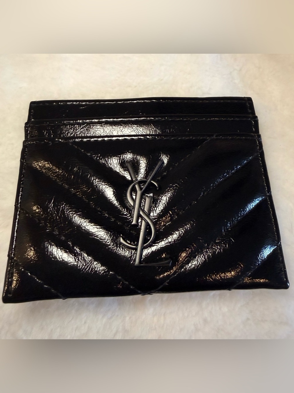 Patent Leather Black Chevron Card Holder with Matte Logo